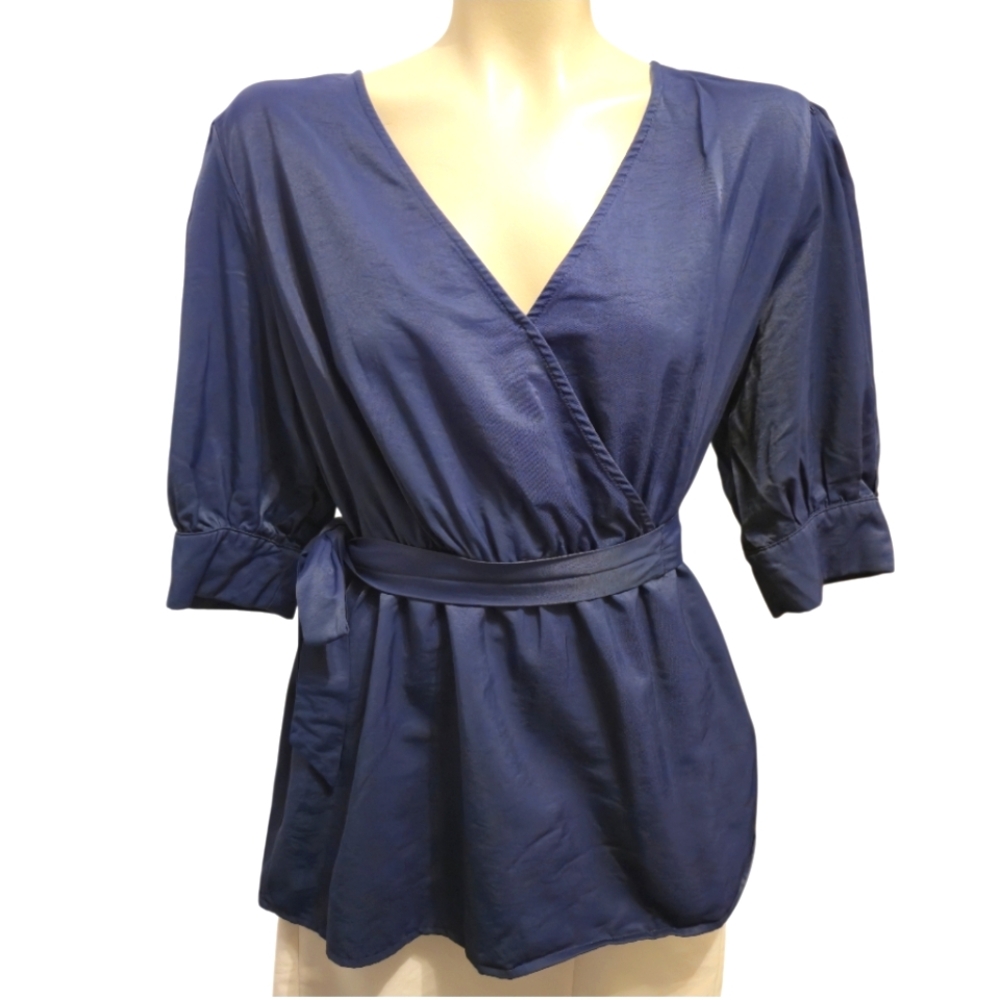 UNBRANDED Silky Navy Wrap Blouse V‎ Neck Banded Poof Half Sleeve Size XLarge